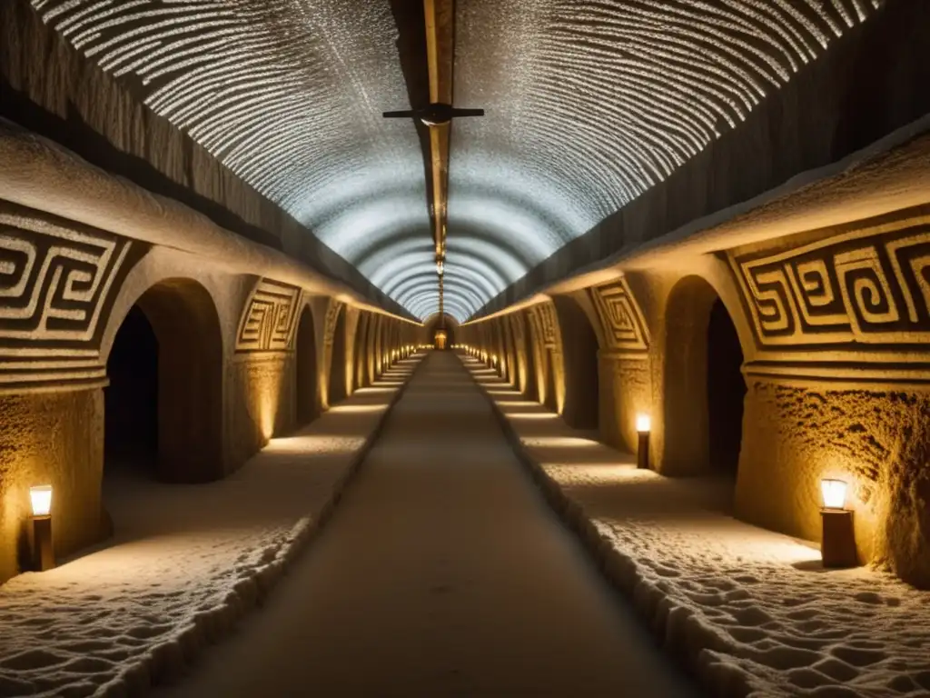 El Laberinto Subterráneo de Wieliczka: ¿Sal o Tesoro? Luminoso túnel con patrones de sal y cristales brillantes