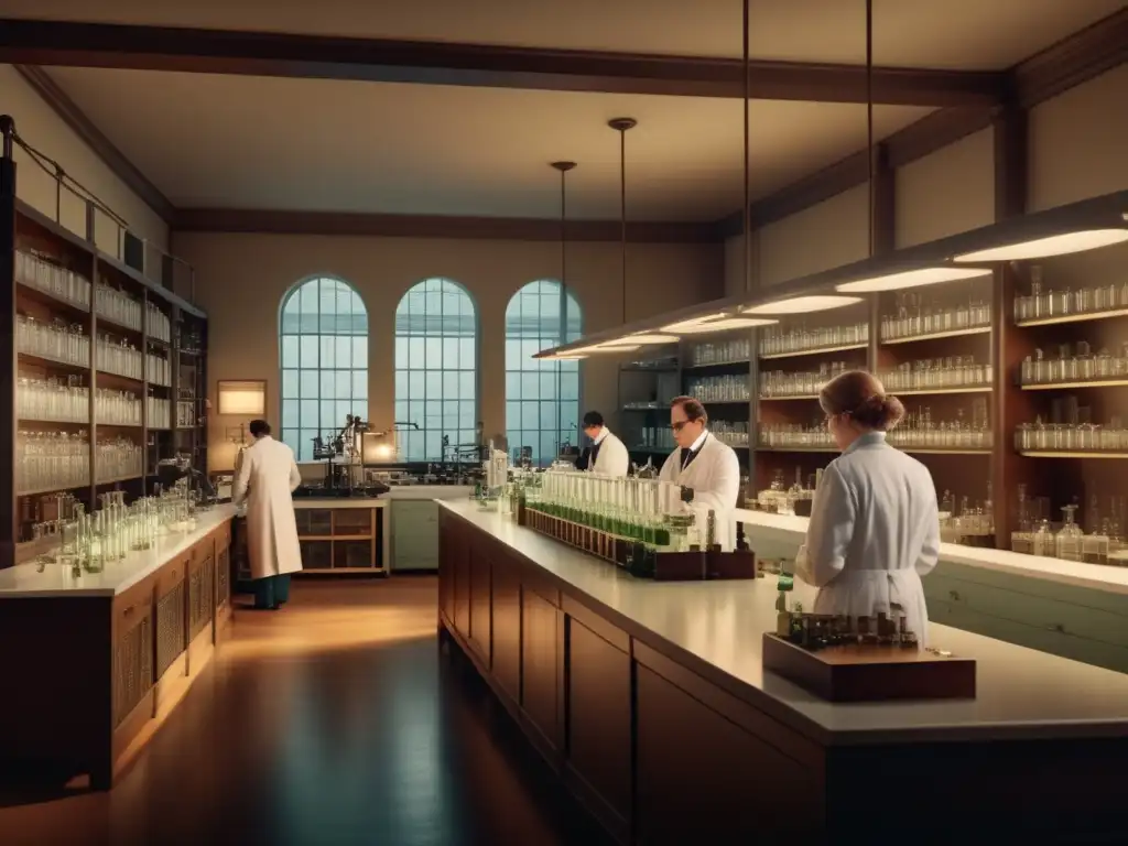 Laboratorio del siglo XX con científicos y microscopio Los efectos de los descubrimientos científicos en la sociedad