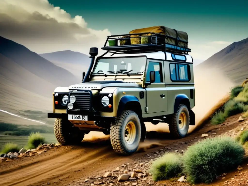 Land Rover Defender conquistando montaña Un Land Rover Defender conquistando terreno montañoso en una expedición audaz