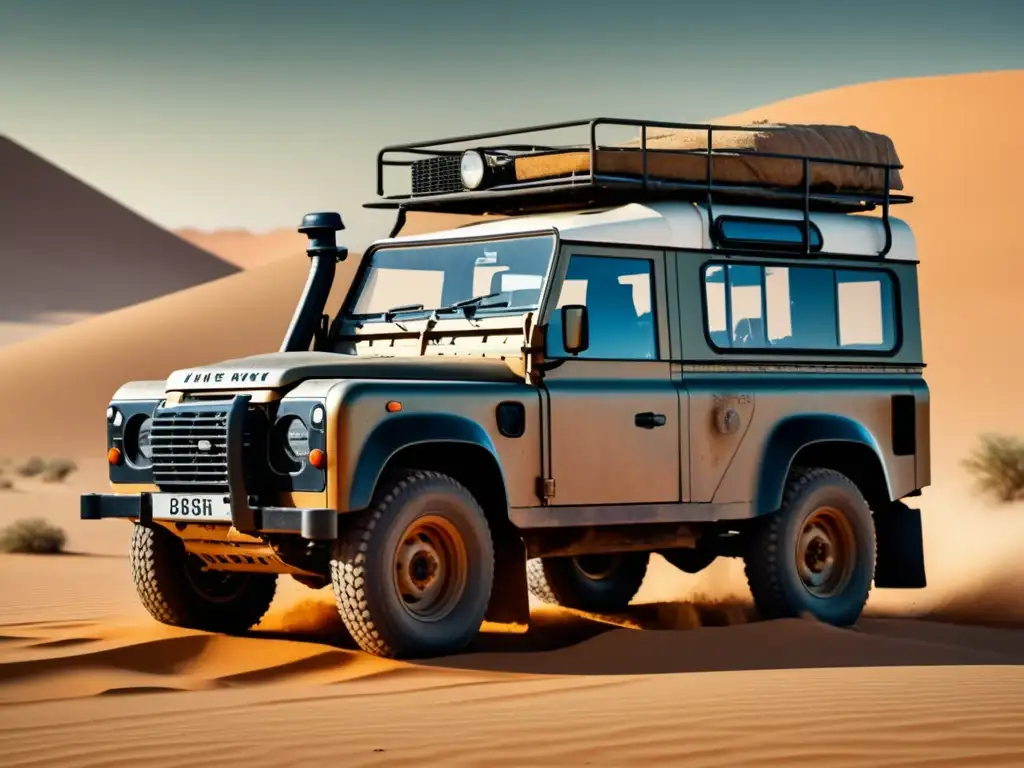 Land Rover Defender en el desierto Un vehículo clásico Land Rover Defender atraviesa un desierto, evocando aventura y exploración