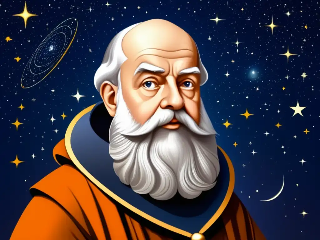 Ilustración vintage de Galileo Galilei en su expedición al cosmos, rodeado de instrumentos astronómicos antiguos y observando el firmamento