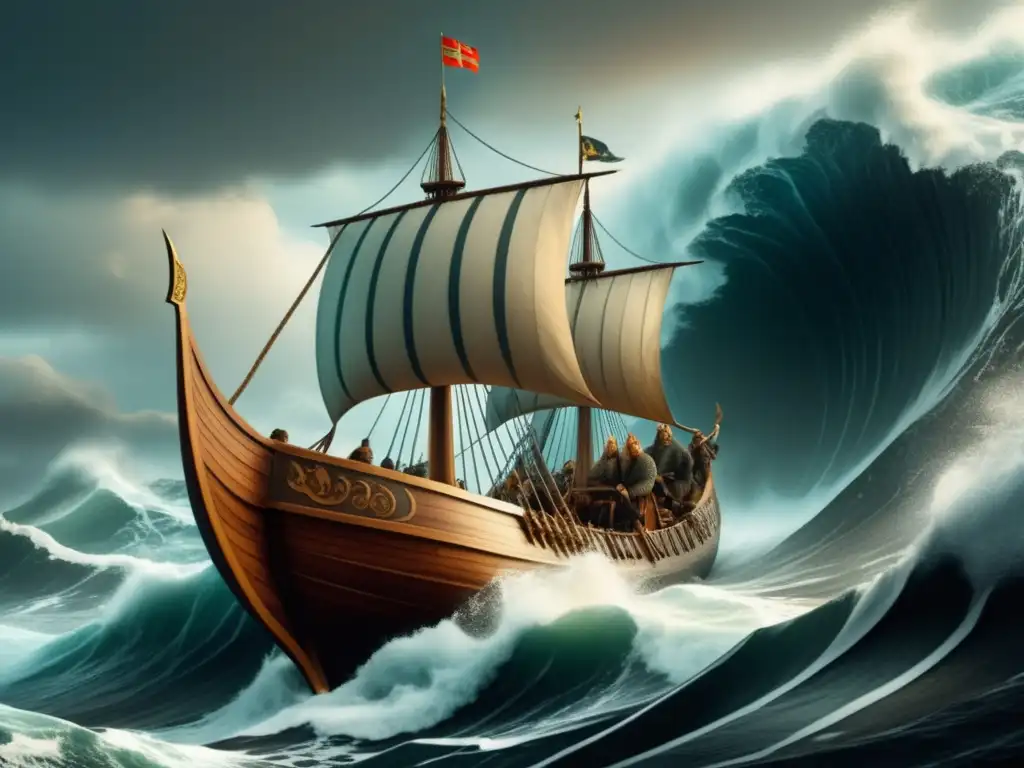 Ilustración vintage de Leif Erikson, explorador nórdico, en su barco vikingo, rodeado de olas turbulentas y una atmósfera misteriosa