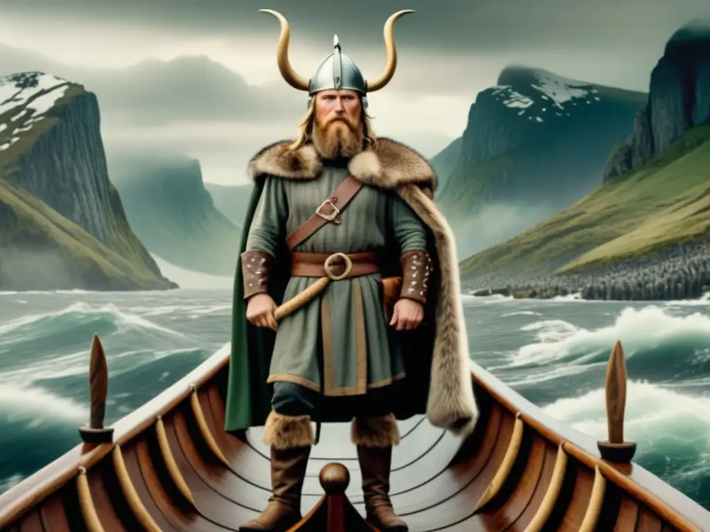 Leif Erikson en un barco vikingo, determinado y con paisaje mistico