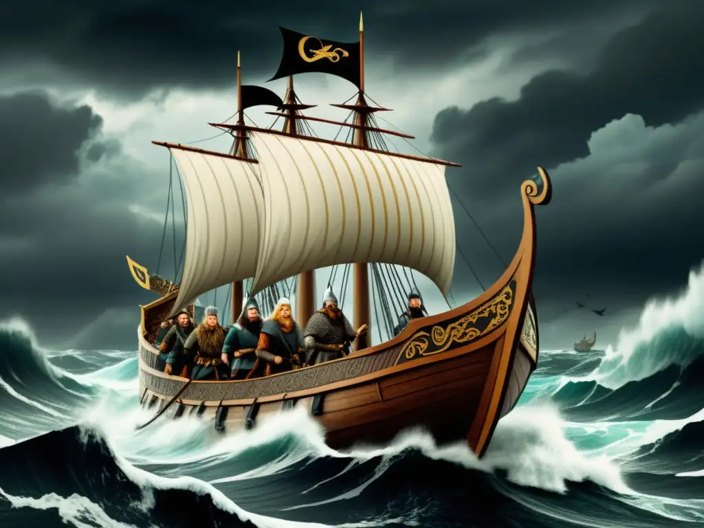 Ilustración vintage de Leif Erikson y su tripulación vikinga navegando en un barco dragonado en un mar tormentoso