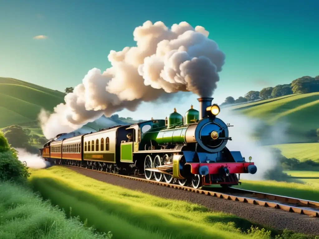 Locomotora de vapor en paisaje verde Avances tecnológicos en transporte terrestre: Locomotora de vapor vintage deslizándose sobre vías rodeadas de campos verdes y colinas
