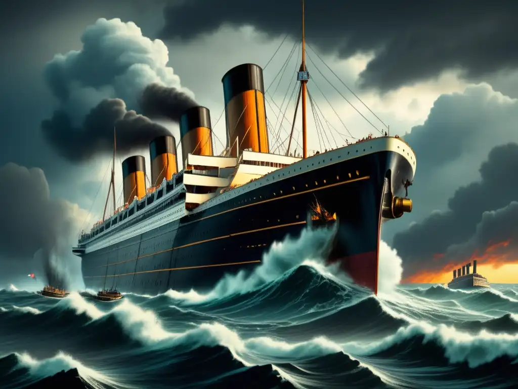 Hundimiento del Lusitania: Detallada ilustración vintage de la tragedia marítima con el barco inclinado, nubes oscuras y sobrevivientes en el agua