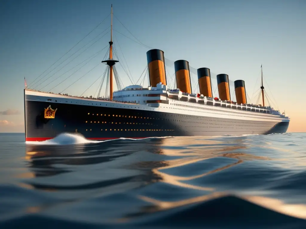 Imagen del Lusitania, majestuoso transatlántico, con su tamaño imponente y arquitectura elegante