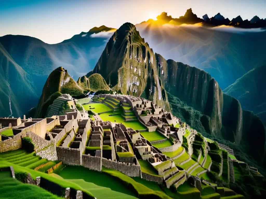 Machu Picchu al amanecer: majestuosa ciudad antigua de los Incas en las montañas verdes de Perú