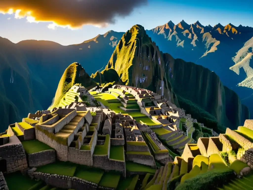 Machu Picchu: Ciudad antigua Inca con estructuras de piedra, terrazas, vegetación exuberante y actividades tradicionales