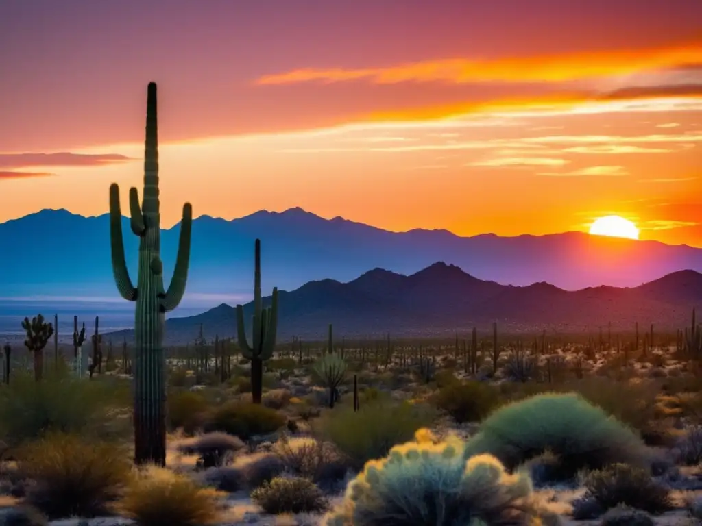 Un paisaje épico del Desierto de Mojave al atardecer, con cactus saguaro, montañas y fauna silvestre