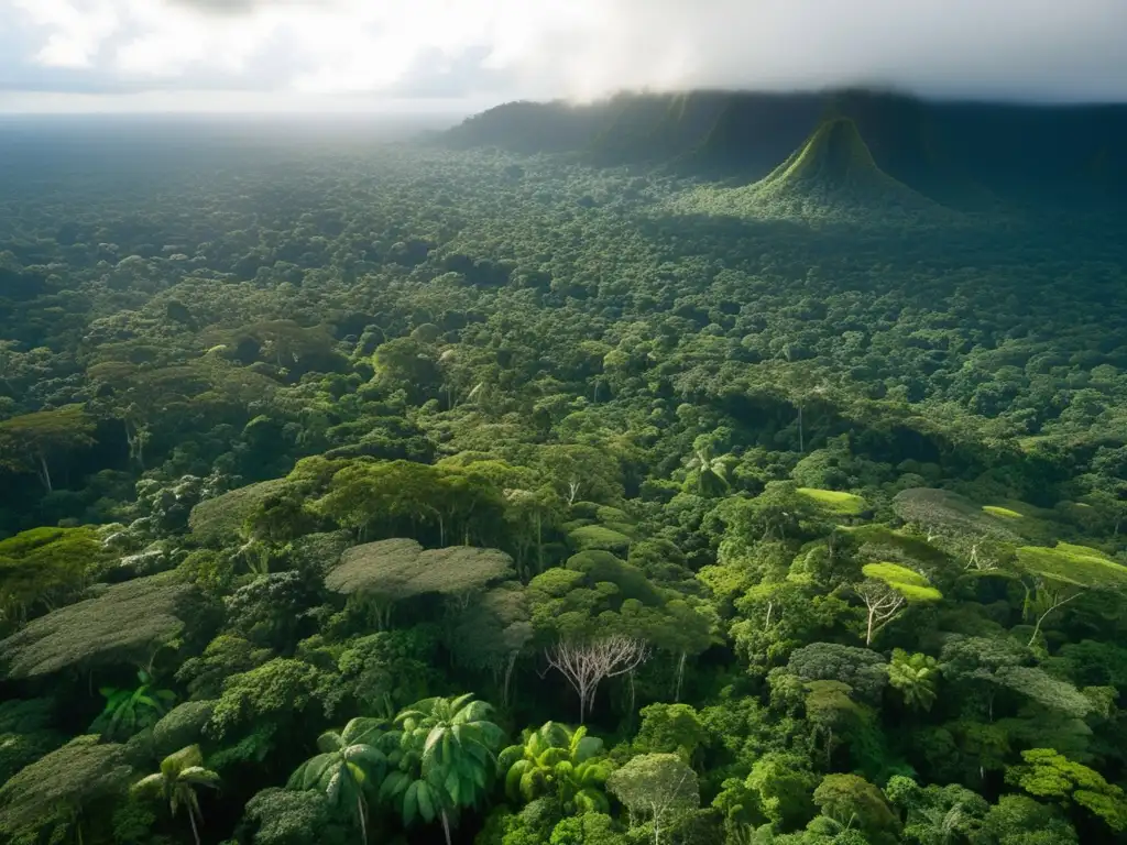 Expediciones al Amazonas: Vista aérea de la exuberante selva amazónica, con árboles altos, río serpenteante y luz filtrada