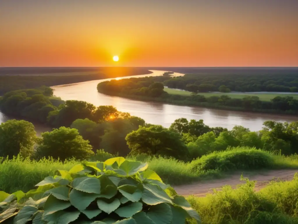 Paisaje panorámico del río Mississippi al atardecer, con montículos de Mississippi y misterios arqueológicos