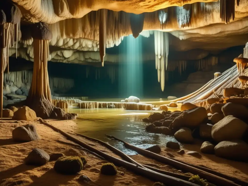 Profunda belleza de Mammoth Cave: ecosistema subterráneo iluminado por luz dorada, río cristalino, especies adaptadas