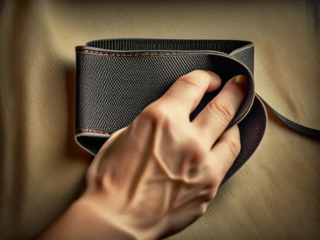 Invento del Velcro: Mano sosteniendo Velcro con detalle y textura en tono sepia, evocando su importancia histórica