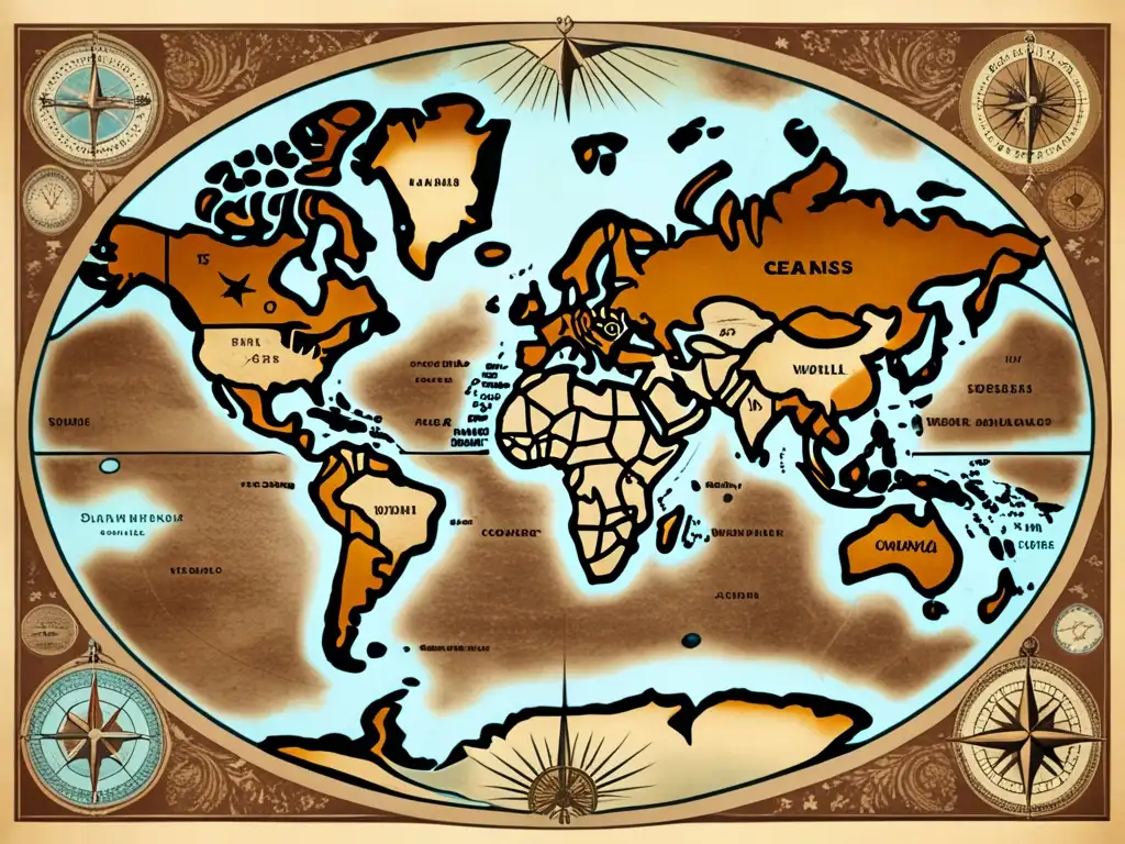 Mapa antiguo con detalles del mundo, brújula y exploradores: El impacto de la brújula en la exploración global