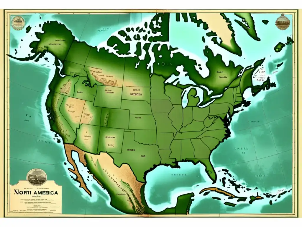 Mapa antiguo de América del Norte con costas, bosques y asentamientos vikingos, evocando expediciones