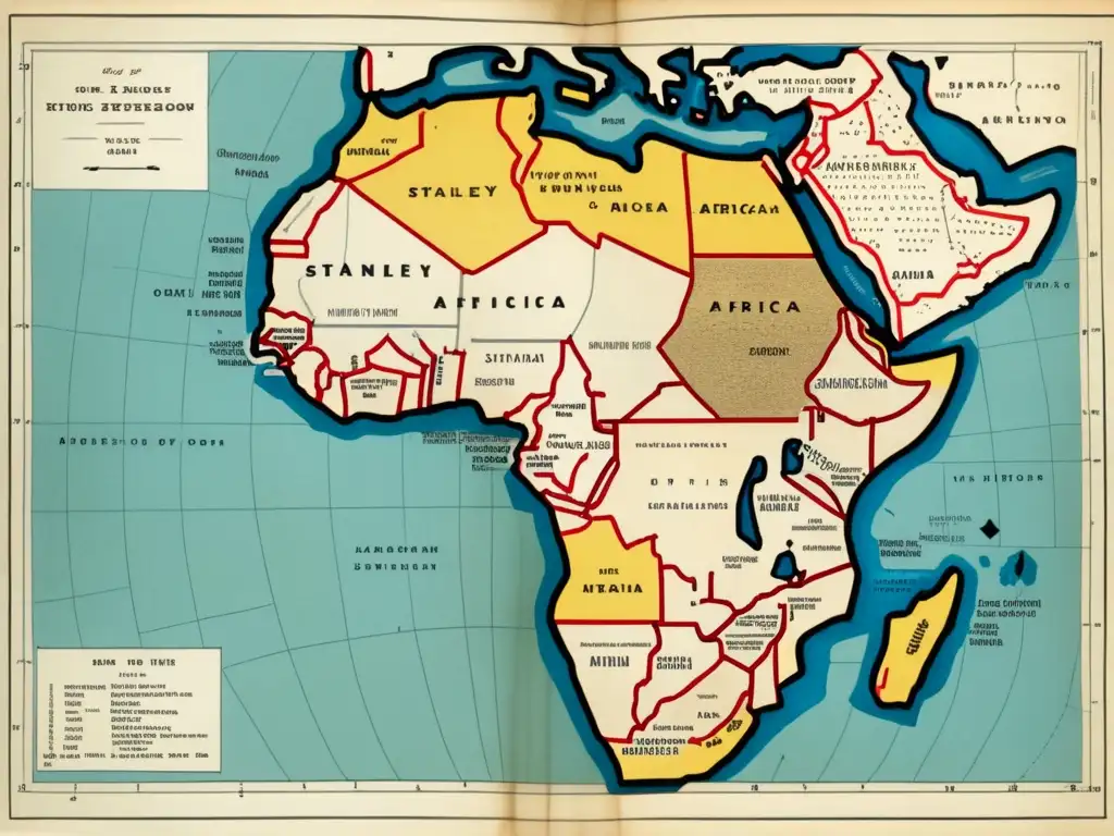 Mapa vintage de África con detalles y colores desvanecidos, rutas de expediciones de Livingstone y Stanley, paisajes, vida salvaje y tribus africanas