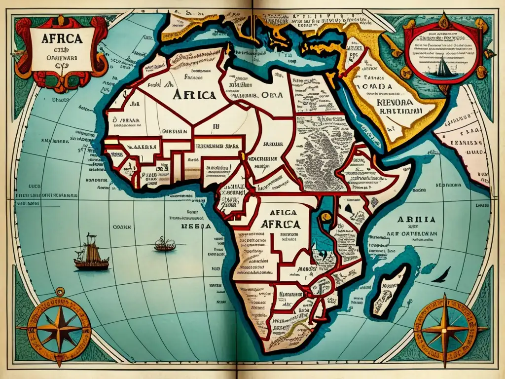 Mapa antiguo de África del siglo XVI que muestra la historia y las expediciones que descubrieron el continente