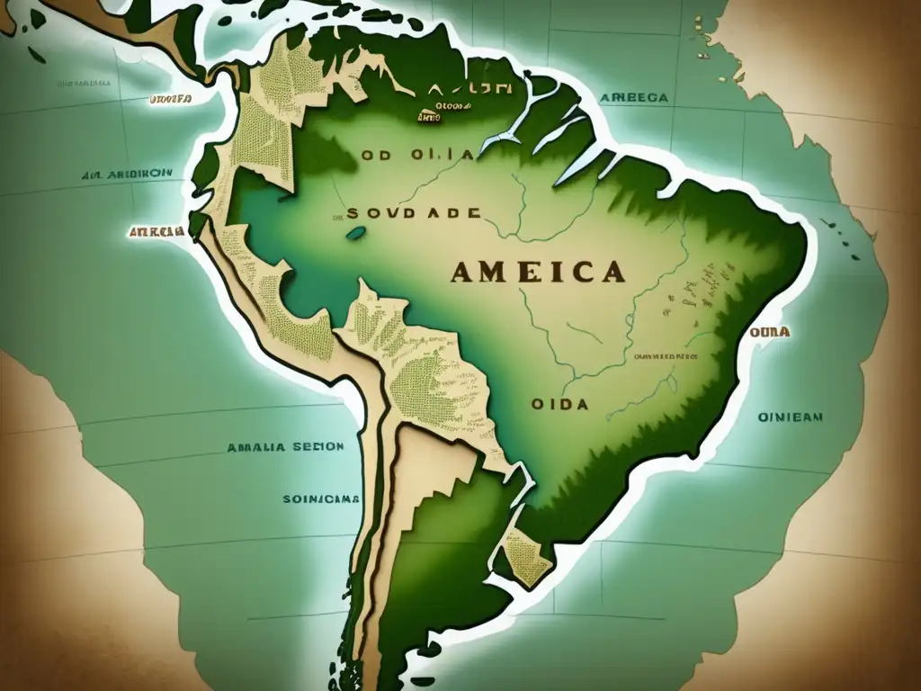 Mapa vintage de Sudamérica con los hallazgos importantes de Alonso de Ojeda en el norte y biodiversidad rica