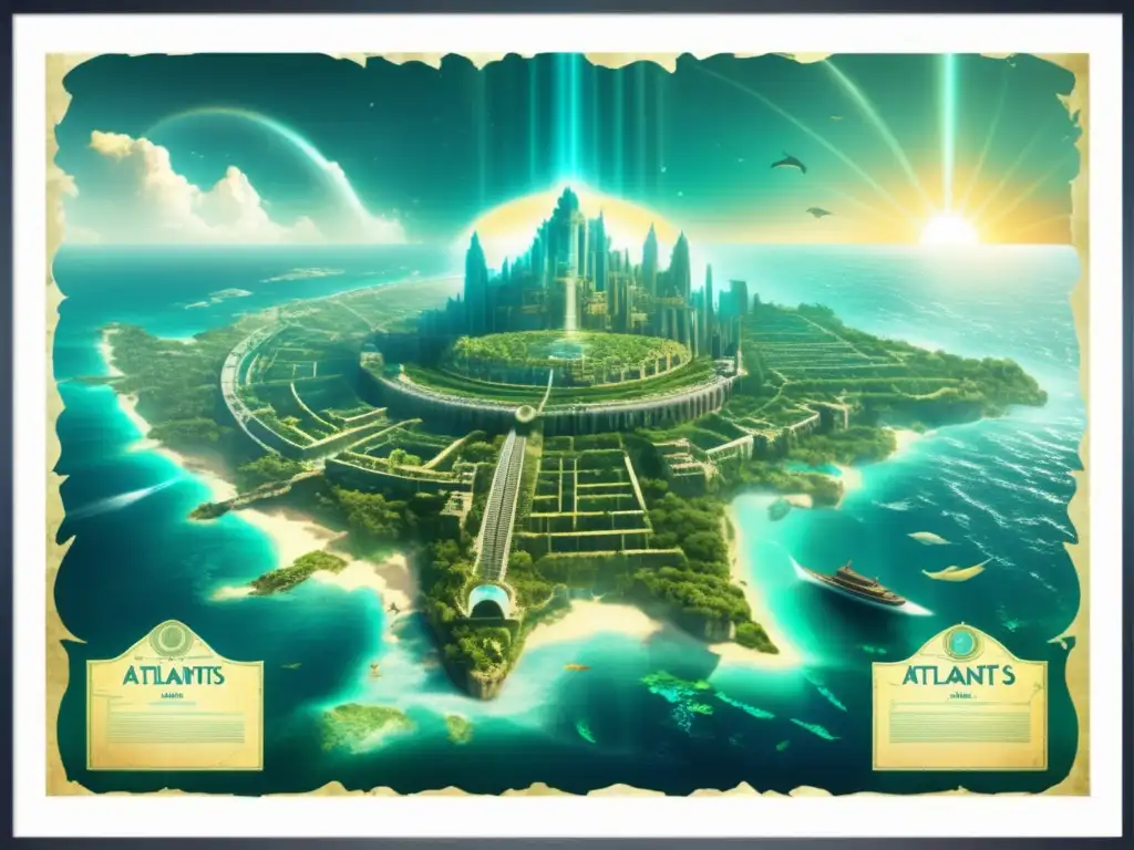 Descubrimiento de Atlantis: mapa antiguo de la mítica ciudad sumergida rodeada de vegetación exuberante y criaturas marinas majestuosas