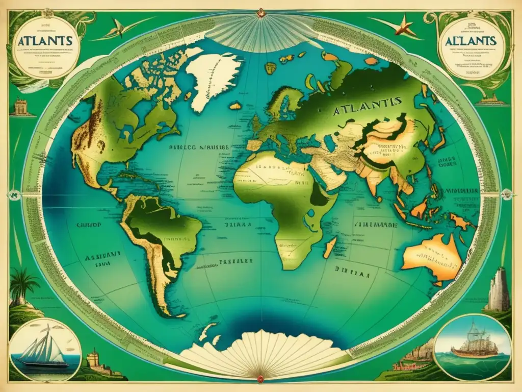 Mapa vintage del mundo con detalles intrincados y colores desvanecidos, destaca la mítica isla de Atlantis