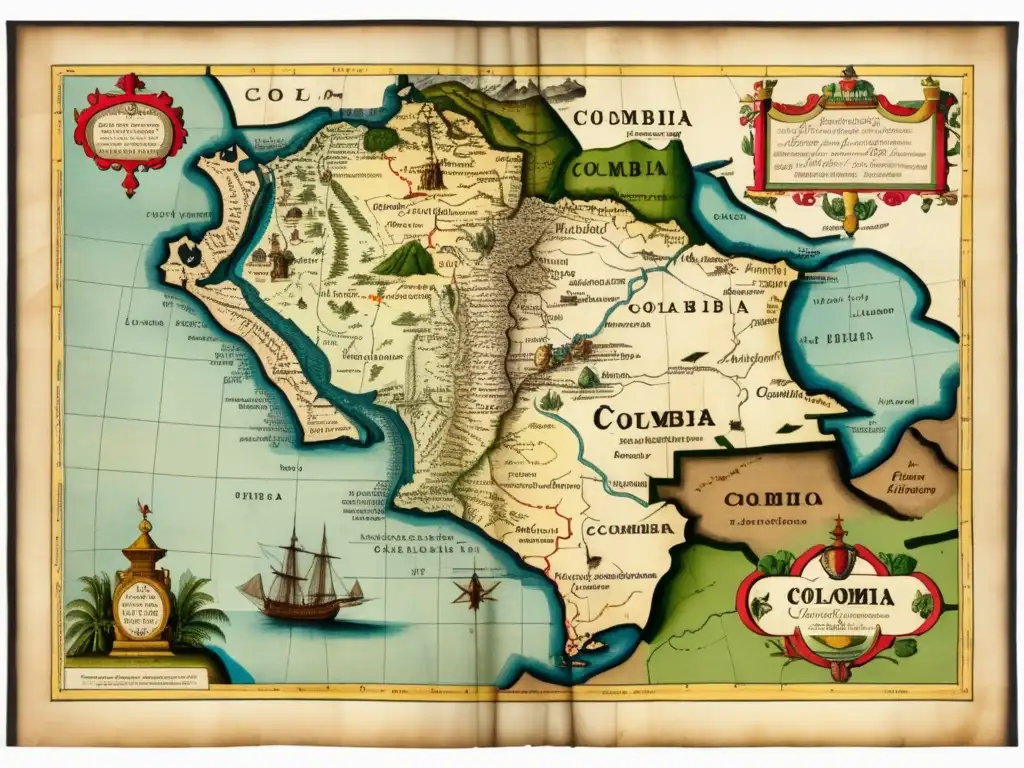 Mapa vintage de Colombia del siglo XVI con la expedición de Gonzalo Jiménez de Quesada