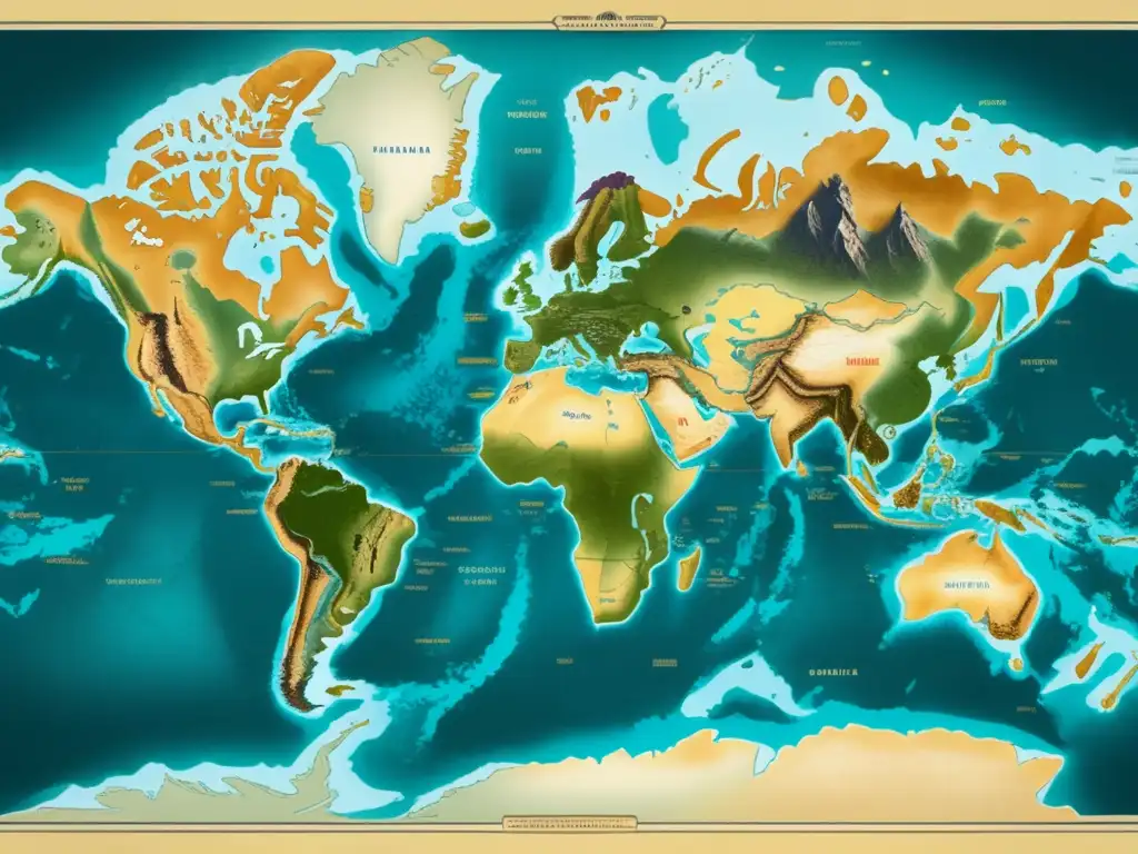 Mapa vintage del mundo con cordilleras submarinas más grandes