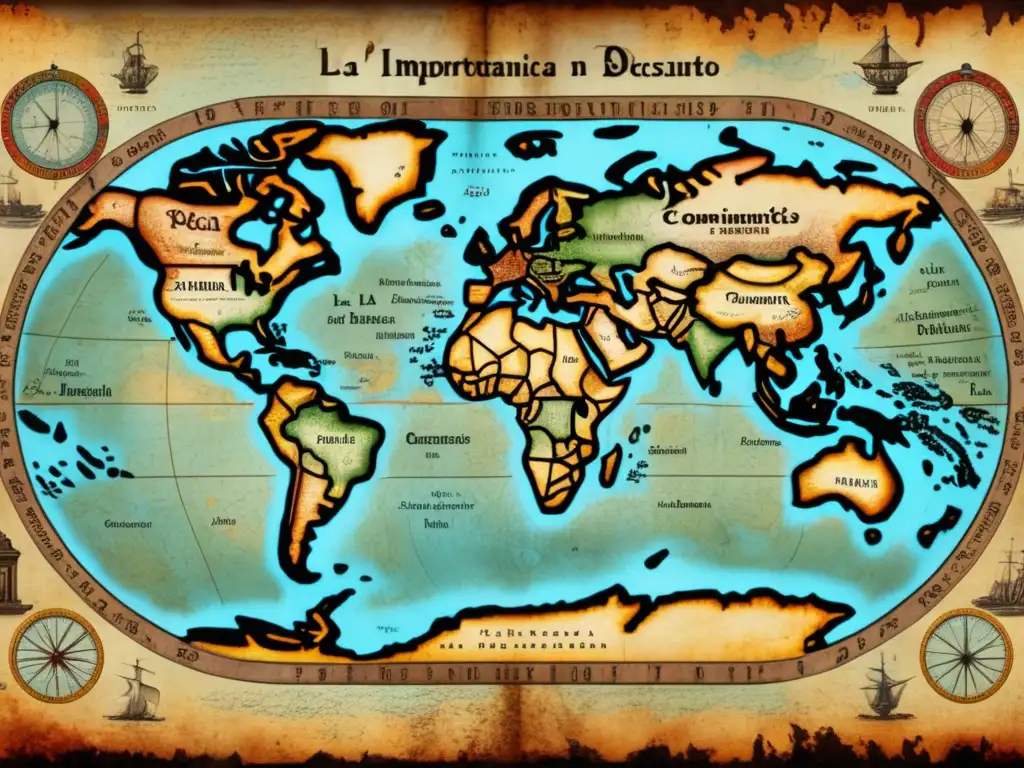 Mapa antiguo con descubrimientos históricos en comercio global