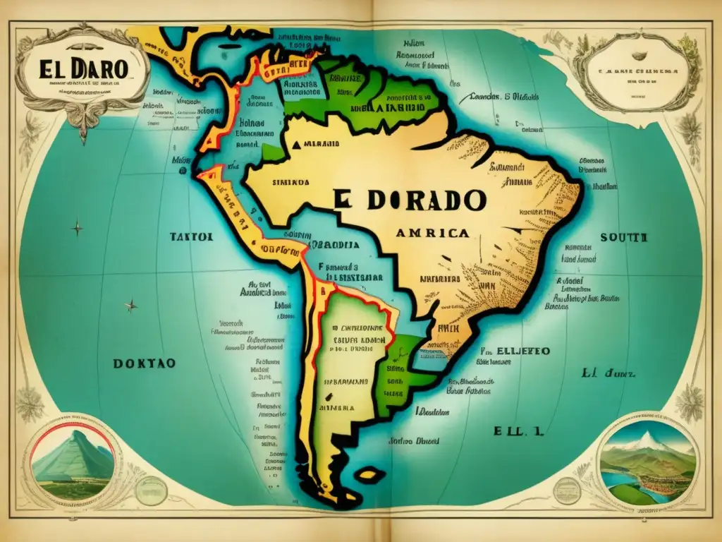 Mapa vintage de Sudamérica con la legendaria ciudad de El Dorado