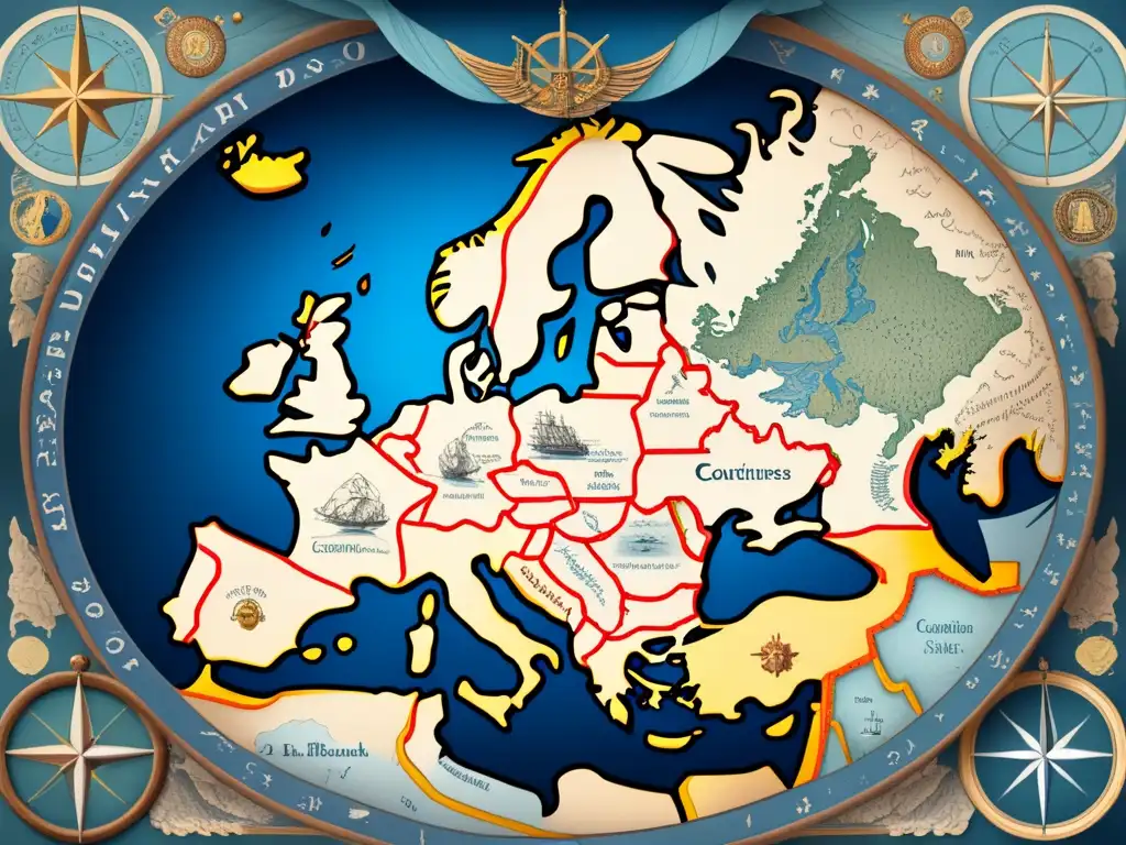 Mapa vintage de Europa en la era de los descubrimientos con expedición de Cabeza de Vaca en Norteamérica