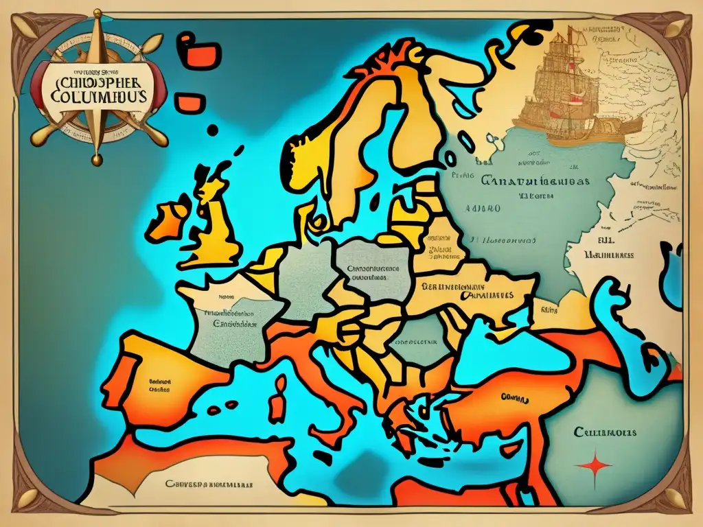 Mapa detallado de Europa en la época de Cristóbal Colón, con países, ciudades y monumentos