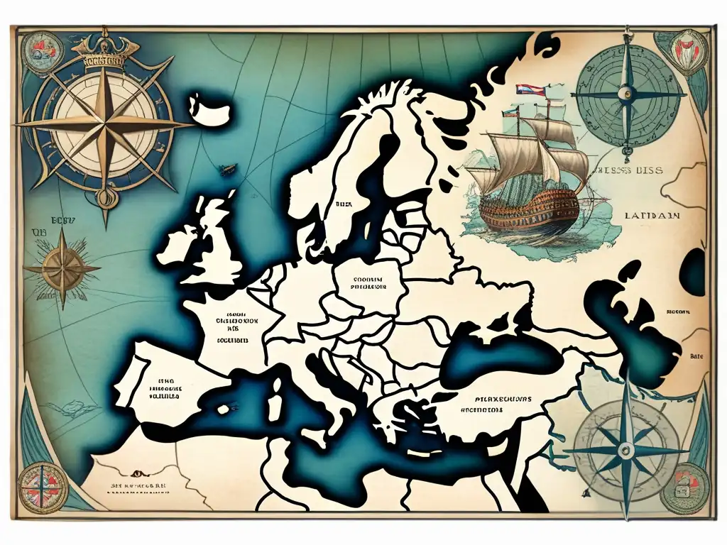 Mapa vintage de Europa e Islas Británicas, con detalles intrincados, en pergamino envejecido