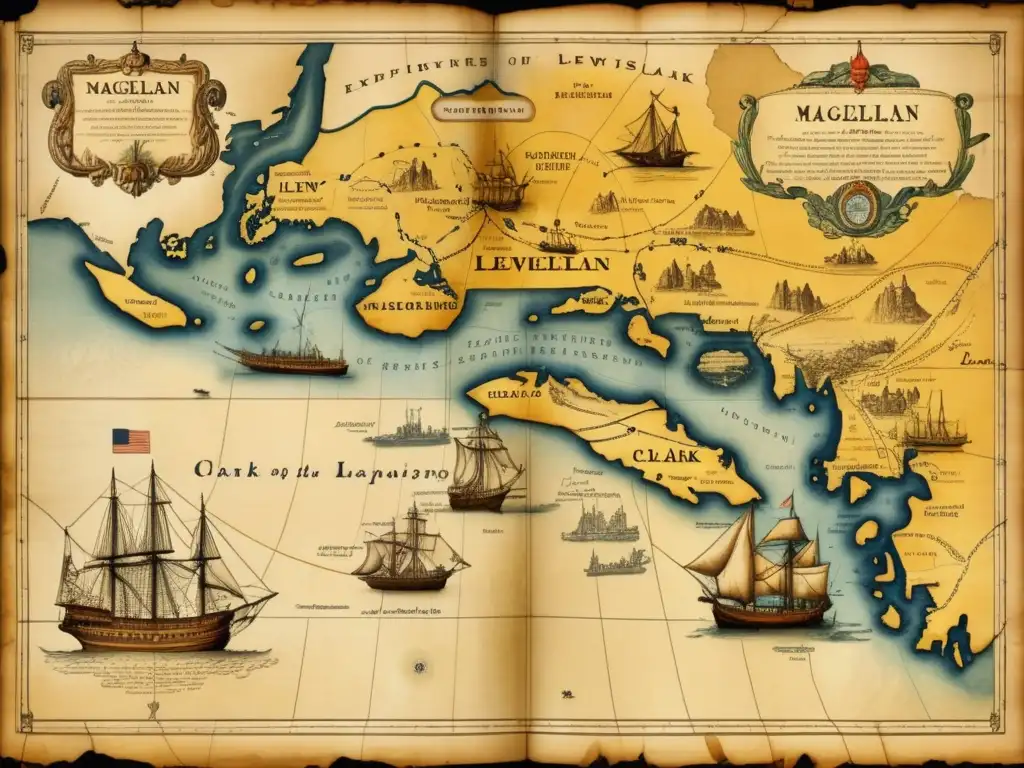 Mapa antiguo con expediciones de Magallanes y Lewis y Clark, rutas ilustradas, continentes detallados, brújulas ornamentales