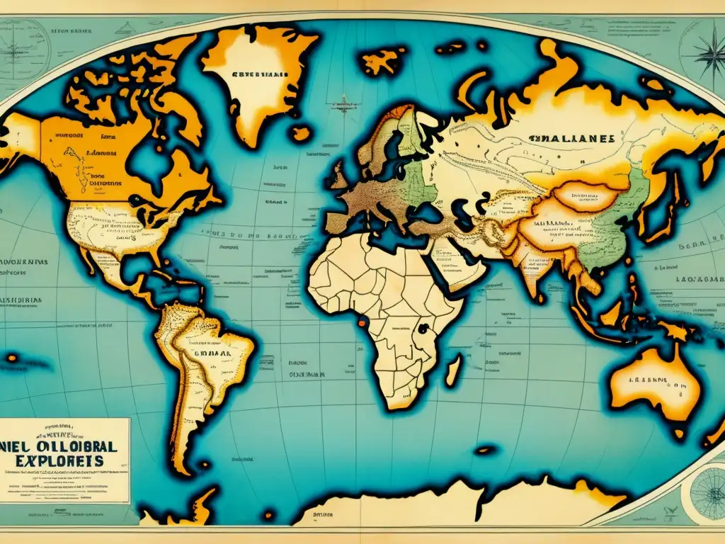 Mapa detallado de las tres eras de exploración: marítima, terrestre y espacial, con rutas de famosos exploradores