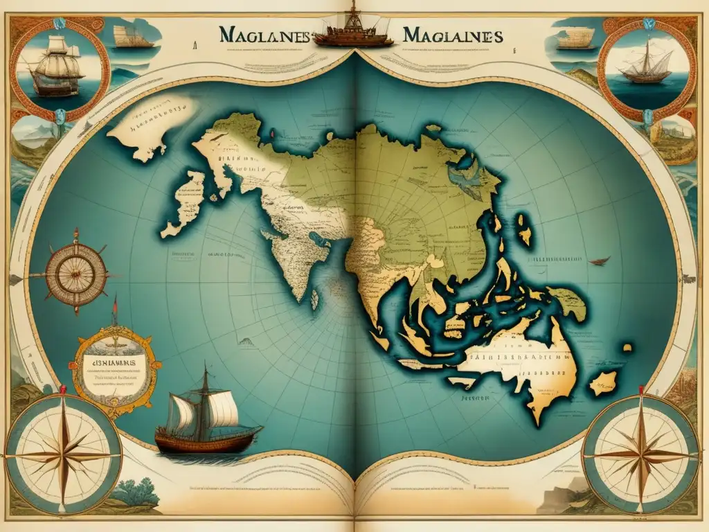 Mapa antiguo muestra exploración antes de Magallanes: islas, continentes, territorios desconocidos, barcos, criaturas míticas