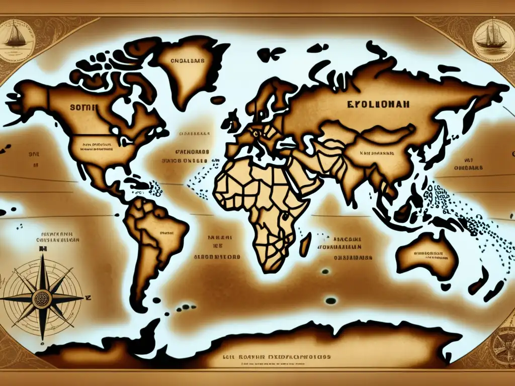 Mapa antiguo 8K con rutas de exploradores famosos y descubrimientos clave