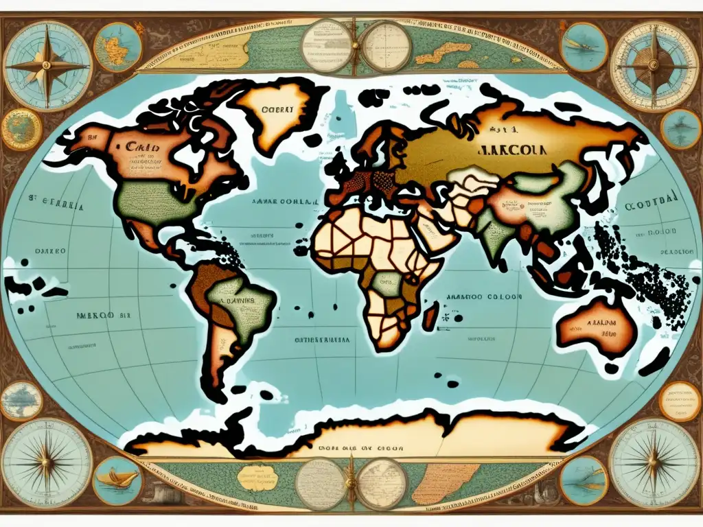 Mapa antiguo detallado de rutas y descubrimientos de exploradores famosos como Colón, Magallanes y Vasco da Gama