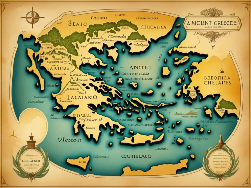 Mapa antiguo de Grecia con detalles, ilustraciones marinas y la palabra clave 