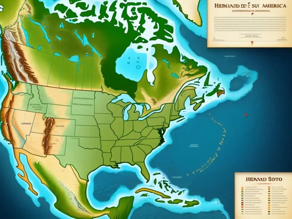 Mapa vintage de Norteamérica con rutas y exploraciones de Hernando de Soto