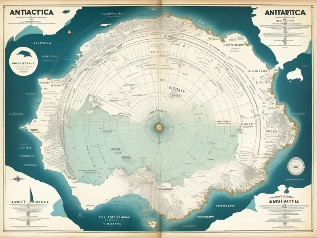 Mapa detallado de la Antártida, rutas de Amundsen y Scott en su conquista del Polo Sur