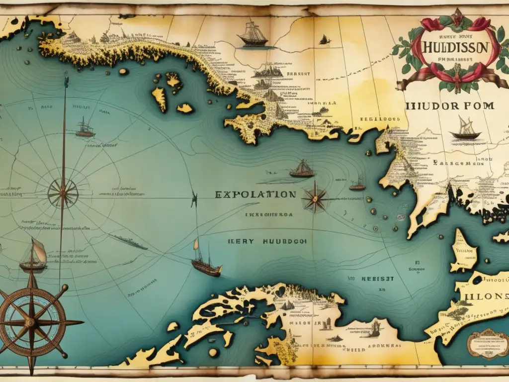 Mapa secreto de Henry Hudson: Detalles cartográficos, colores desvanecidos y elementos vintage evocan misterio y aventura