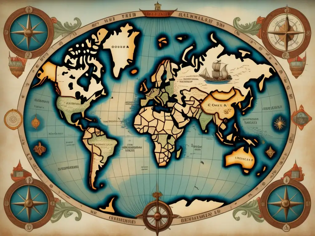 Mapa antiguo del mundo del siglo XV con detalles de la colonización europea