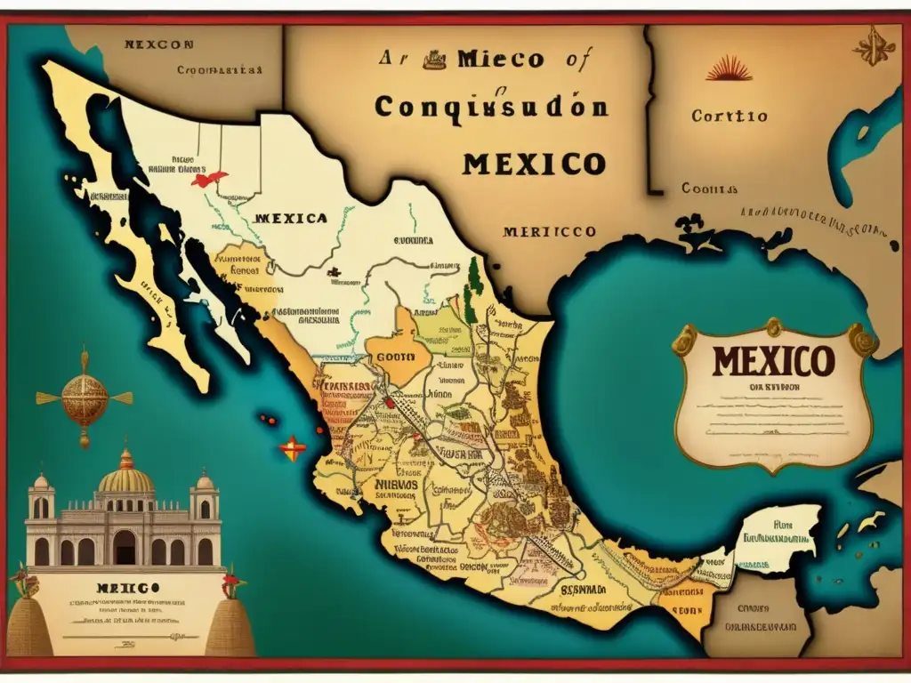 Mapa antiguo de la conquista de México por Cortés: alianzas y conflicto indígena, tecnología militar española, paisaje dramático