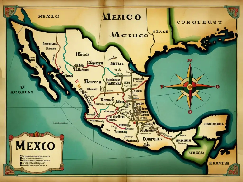 Mapa vintage de la Conquista de México por Cortés: Intriga, diplomacia y cultura indígena