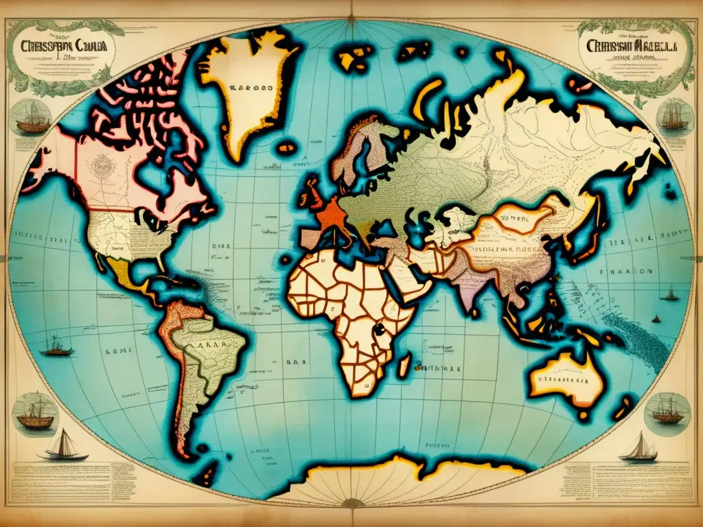 Mapa antiguo con rutas de famosos exploradores, capturando la esencia de la Era de los Descubrimientos y mostrando impacto en la geografía