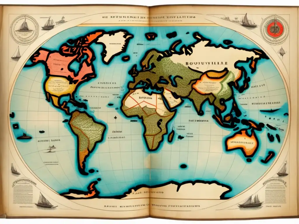 Mapa antiguo detallado en 8K de la expedición global de Bougainville, destacando la ruta y las contribuciones de Jeanne Baret