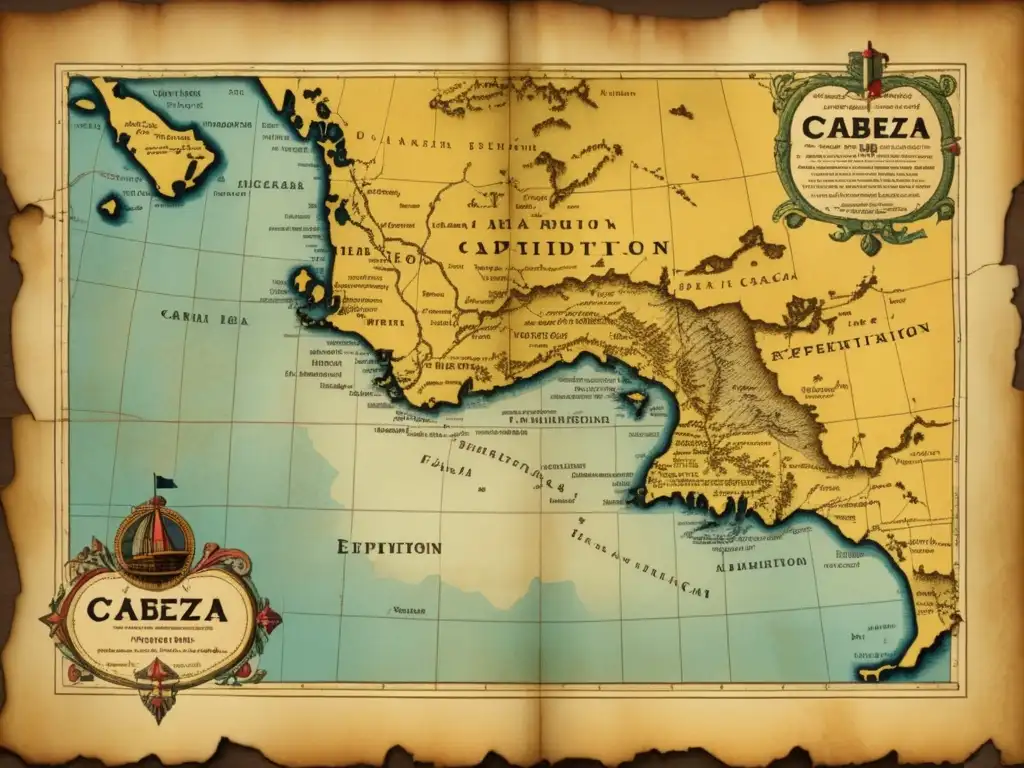 Mapa antiguo de la travesía de Cabeza de Vaca: viaje peligroso, ríos, montañas, exploración, historia, misterio