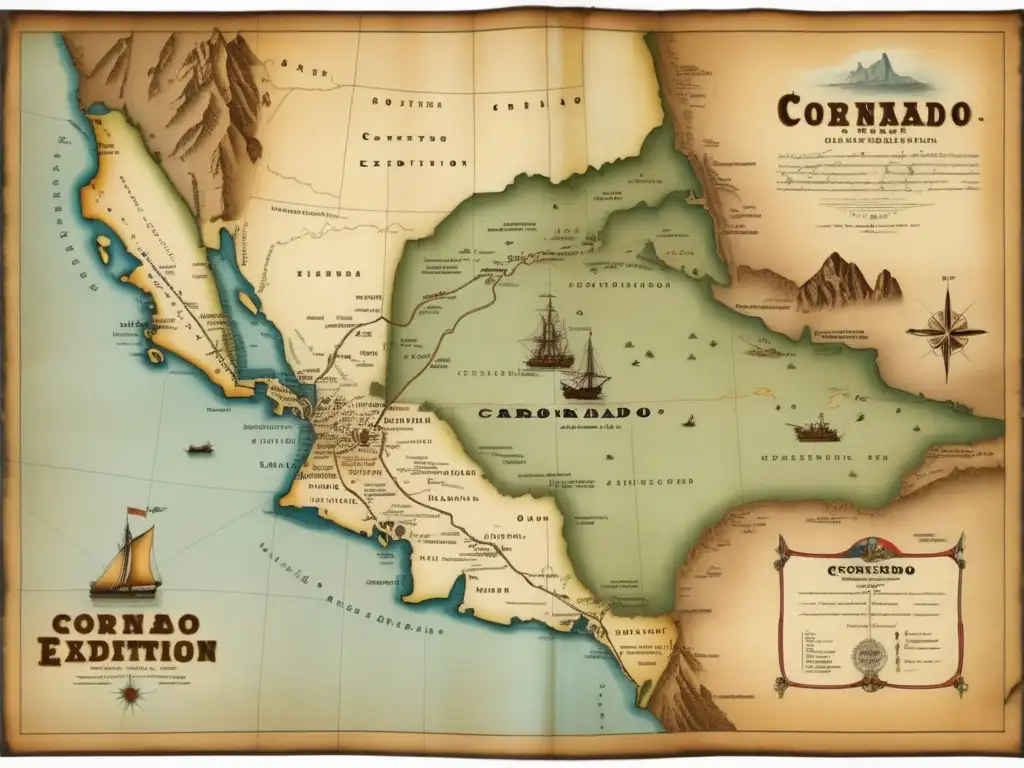 Mapa vintage de la expedición de Coronado, con paisajes, ciudades y tribus indígenas