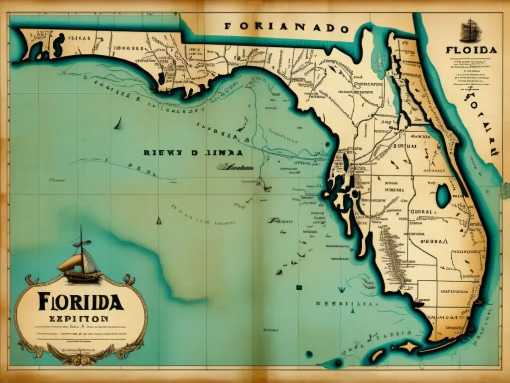 Detalle 8k de mapa antiguo de Florida, destacando ruta y hitos de la expedición de Hernando de Soto