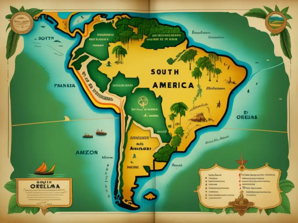 Mapa antiguo de Sudamérica: Aventuras de Orellana en el Amazonas